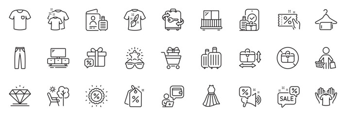 Icons pack as T-shirt design, No handbag and Balcony line icons for app include Clean towel, Best glasses, Baggage outline thin icon web set. Clean t-shirt, Sale gift, Discount pictogram. Vector
