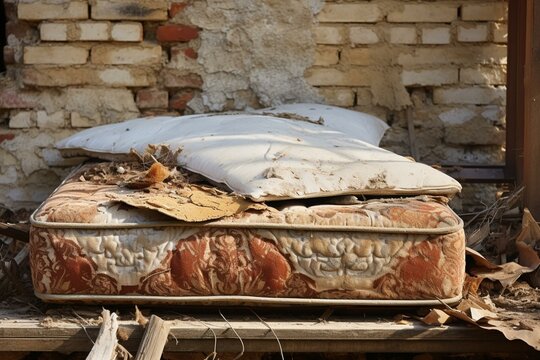 Neglected roof with discarded, rusty and soiled mattress left outside leaning against a wall. Generative AI