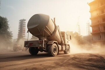 Concrete mixer truck on construction site delivering concrete for building structures in mist. Suitable for advertising and design. Transportation. Generative AI - obrazy, fototapety, plakaty