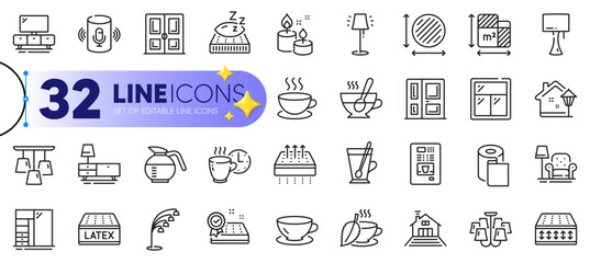 Outline set of Door, Dresser and Mattress line icons for web with Mattress guarantee, Street light, Stand lamp thin icon. Paper wallpaper, Table lamp, Armchair pictogram icon. Tv stand. Vector