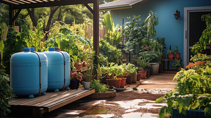 Rain barrels in the garden are set up to feed a comprehensive irrigation network. - obrazy, fototapety, plakaty