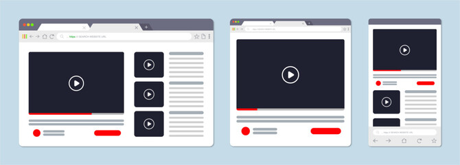 Video player in a flat style. Video player template for mobile, tablet, computer. Illustration of window browser. Website template design. Mockup for web site design.