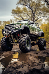 Fototapeta premium Offroad truck jeeep is in the image. Truck has big tires and trees at background
