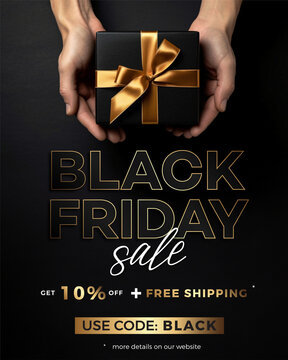 Hand holding gift box on Black Friday banner. Promotion, Advertisement, sale. 10% OFF