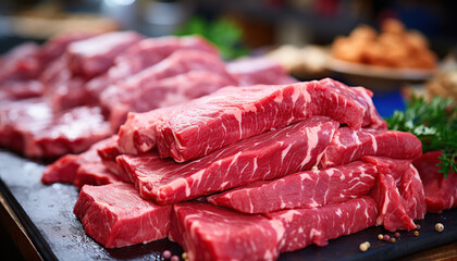 Fresh raw beef meat at traditional market