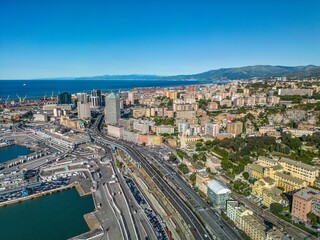 Fototapeta premium The drone aerial view of San Benigno, Genoa, Italy. San Benigno is a modern business district and services in the municipality of Genoa.