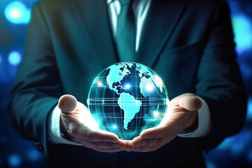 Photo of a businessman holding a glass globe, symbolizing global business and corporate power