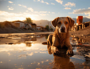 Generated imageDog in a puddle, thoughtful look to the horizon