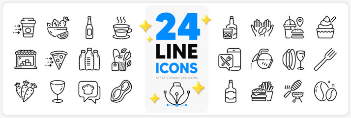 Icons set of Coffee pot, Water bottles and Coffee beans line icons pack for app with Food app, Salad, Beer thin outline icon. Cooking hat, Fork, Burger pictogram. Peanut, Mint bag, Fish grill. Vector