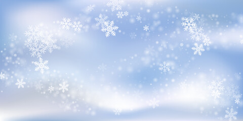 Fototapeta na wymiar Abstract heavy snowflakes design. Wintertime fleck crystallic shapes. Snowfall sky white blue composition. Vibrant snowflakes february texture. Snow nature landscape.