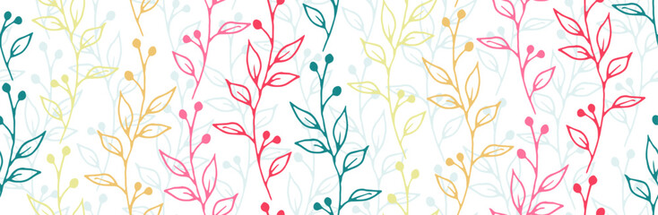 Fototapeta na wymiar Berry bush sprigs organic vector seamless pattern. Abstract herbal graphic design. Meadow plants foliage and buds wallpaper. Berry bush sprouts girly fashion repeating background