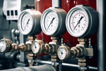 Industrial  concept. equipment of the boiler-house, tubes, pressure gauges, thermometer. Close up of manometer, pipe, flow meter, water pumps and valves of heating system in a boiler, Generative AI - obrazy, fototapety, plakaty