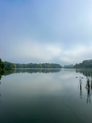 Mystical morning at the fog-kissed lake, where nature's beauty emerges through the ethereal mist.