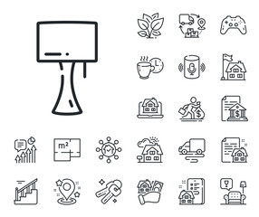 Bedside light sign. Floor plan, stairs and lounge room outline icons. Table lamp line icon. Interior illuminate symbol. Table lamp line sign. House mortgage, sell building icon. Real estate. Vector