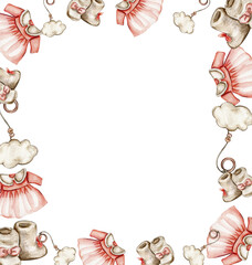 Toys frame, watercolor illustration for cards, backgrounds. Watercolor illustration for scrapbooking. Cartoon hand drawn background with toys for kids design. Perfect for wedding invitation.