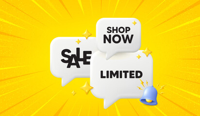 Limited tag. 3d offer chat speech bubbles. Special offer sign. Sale promotion symbol. Limited speech bubble 3d message. Talk box banner with bell. Vector