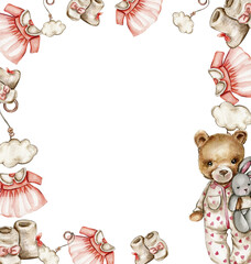 Toys frame, watercolor illustration for cards, backgrounds. Watercolor illustration for scrapbooking. Cartoon hand drawn background with toys for kids design. Perfect for wedding invitation.