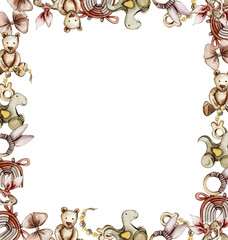 Toys frame, watercolor illustration for cards, backgrounds. Watercolor illustration for scrapbooking. Cartoon hand drawn background with toys for kids design. Perfect for wedding invitation.