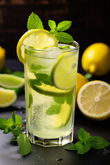 Lemon and lime drink served in a glass with ingredients in the background