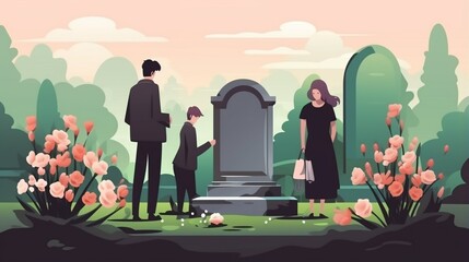 Cartoon mourning people at graveyard flat vector illustration. Men and women standing near tomb with gravestone, flowers and wreath. Grieving and crying family at funeral. Death, grief concept