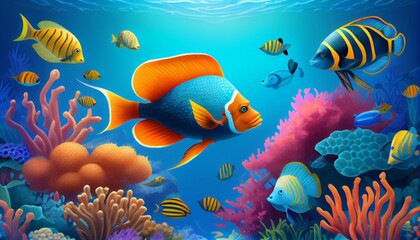 Fototapeta na wymiar Cartoon tropical fish with Beautiful Underwater World