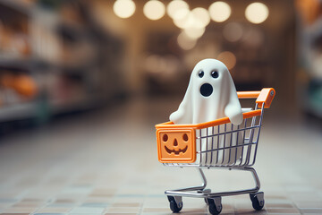 Halloween style background. cute ghost in a shopping cart. discounts and sales in honor of October...