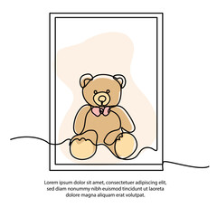 One line teddy bear poster with frame. Abstract minimal continuous line wall decor.