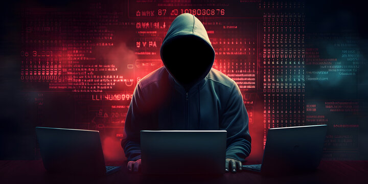 Hacker with computer laptops. Concept of cybercrime, cyberattack, dark web.