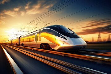Fototapeta premium A modern high-speed train moves along the railway tracks in the evening against the backdrop of sunset. High-speed passenger rail transport.