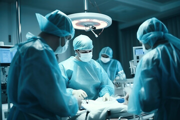 Photo of surgeons performing a complex surgery in a modern operating room. A group of surgeons performing surgery on a patient.