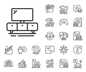 Home furniture sign. Floor plan, stairs and lounge room outline icons. Tv stand line icon. Modern dresser symbol. Tv stand line sign. House mortgage, sell building icon. Real estate. Vector