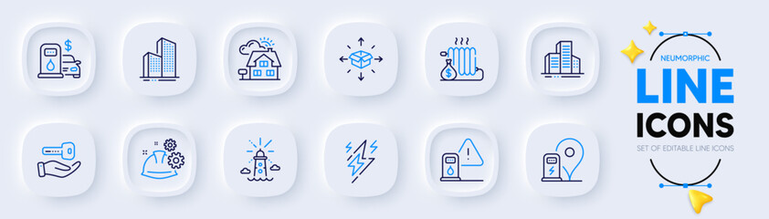 Charging station, Skyscraper buildings and Realtor line icons for web app. Pack of Radiator, Working process, Buildings pictogram icons. Lightning bolt, Buying house, Lighthouse signs. Vector