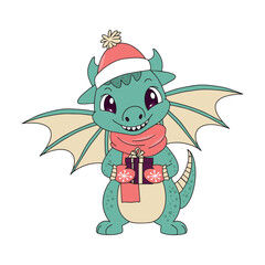 A cute cartoon green dragon in a Santa hat holds a gift. New year animal vector illustration on white background. Vector 