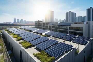 Eco solar factory amidst cityscape. Generative AI