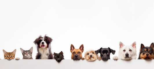 Fototapety  Cute different dogs and cats peeking on isolated white background, with copy space, blank for text ads, and graphic design.