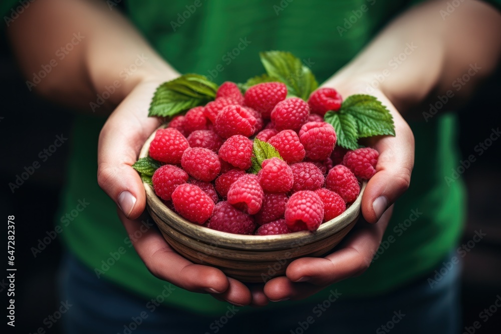 Poster a person is holding a bowl filled with delicious raspberries. this image can be used to showcase the