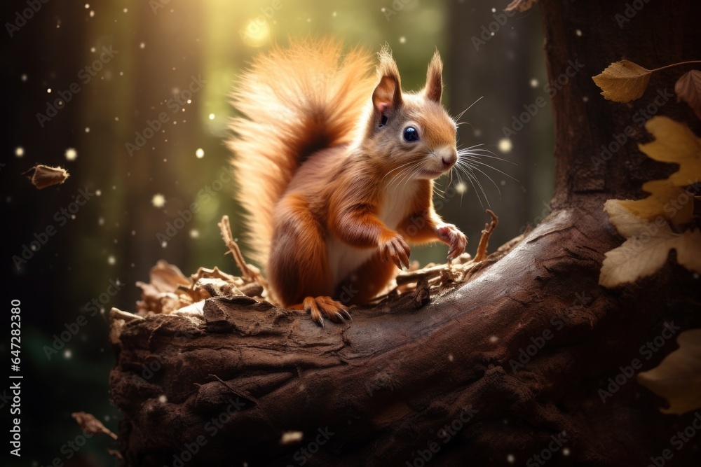 Poster a squirrel sitting on a tree trunk in the woods. perfect for nature-themed designs and articles.