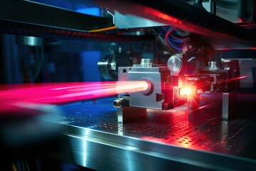 A laser machine emitting a powerful red light. Suitable for use in scientific research, medical procedures, or industrial applications.