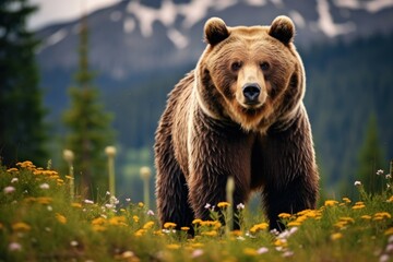 A large brown bear standing on top of a lush green field. This picture can be used to depict wildlife, nature, or animal habitats.