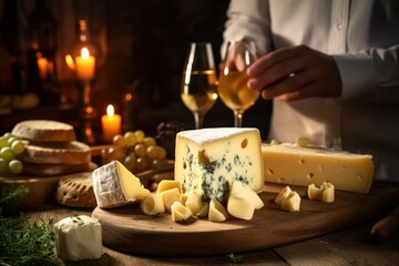 A person is seen holding a glass of wine and a plate of cheese. This image can be used to showcase a sophisticated and elegant event or to highlight the enjoyment of wine and cheese pairings. - Powered by Adobe