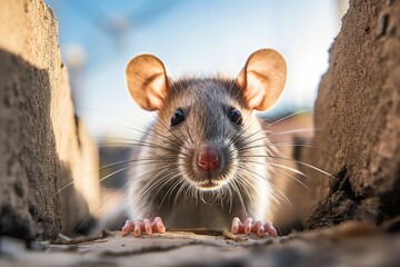A rat peeks out from a hole in a wall. This image can be used to depict curiosity, hidden danger, or the concept of surveillance. - Powered by Adobe