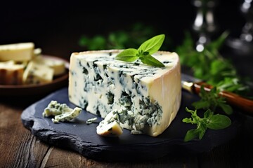 A piece of blue cheese placed on a slate board. This image can be used for food and culinary-related projects.