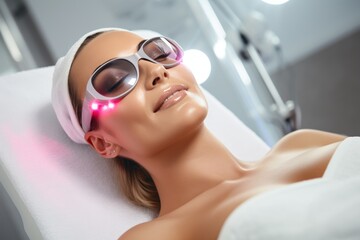 Naklejka premium A woman undergoing laser treatment in a beauty salon. This image can be used to showcase the process of laser treatments and the benefits of such procedures in enhancing one's beauty.