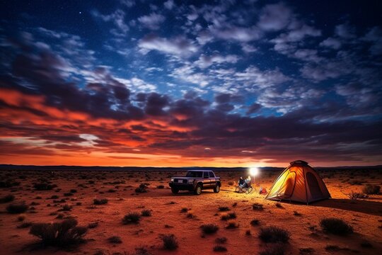 Camping under starry skies in South Australia's Strzelecki Desert. Generative AI