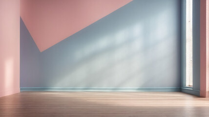 Empty wall and wooden floor with interesting glow from the window. Interior background, pastel colors, pink and light blue. mockup