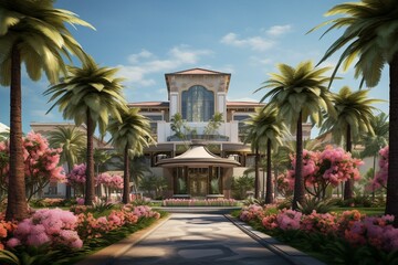 Fototapeta na wymiar Scenic casino frontage adorned with palm trees and blooming flowers. Generative AI