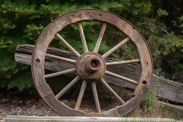 Fototapeta na wymiar weathered timber cart wheel. Generative AI