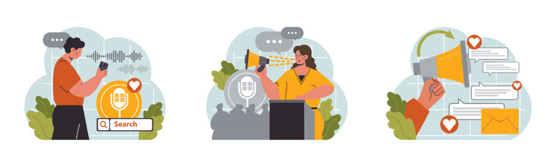 Verbal communication set. Public speaking, talking through a digital