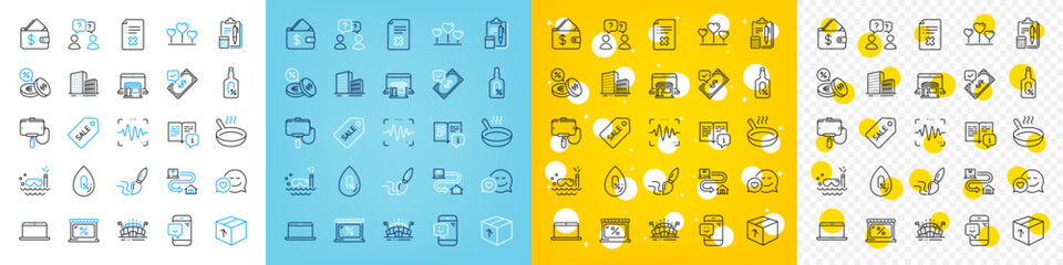 Vector icons set of Dating, Wallet and Marketplace line icons pack for web with Currency exchange, Voice wave, Scuba diving outline icon. Alcohol free, Frying pan, Manual pictogram. Vector
