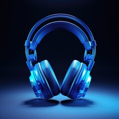 Fototapeta na wymiar Modern backlit blue headphones on a dark background. Generative AI.